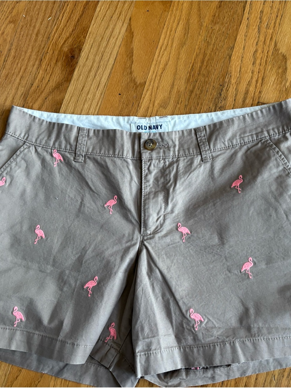 Old Navy Gray Khaki Shorts with Pink Flamingo Embroidery